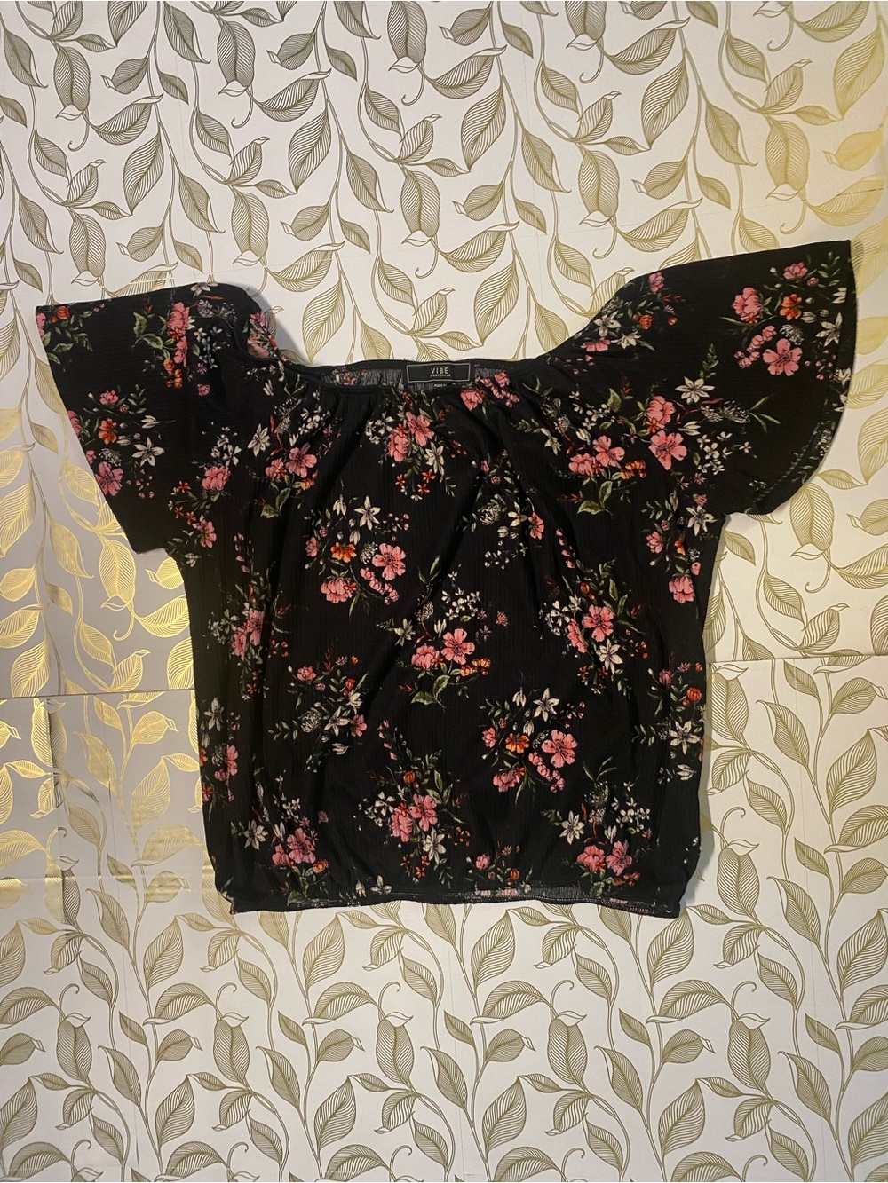 VIBE Black Floral Crop Top with Pink Blossoms